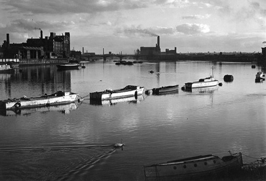 River Thames and Lots Road Power Station seen from Battersea Bridge, 1956